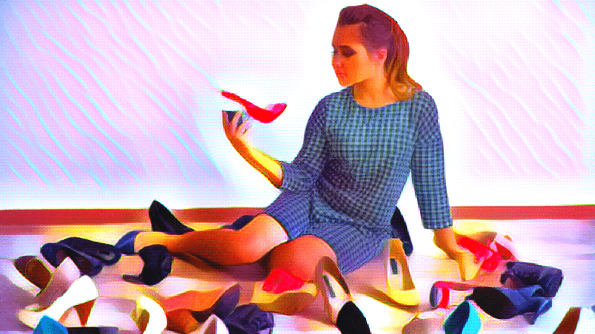 たくさんの靴に囲まれて赤い靴を見つめる女性